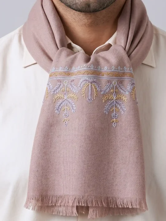 Humayun Light Brown Woolen Kashmiri Muffler With Blue Yellow Hand Sozni Embroidery