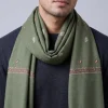 Humayun Greenish Woolen Kashmiri Muffler With White Pink Booti Hand Sozni Embroidery