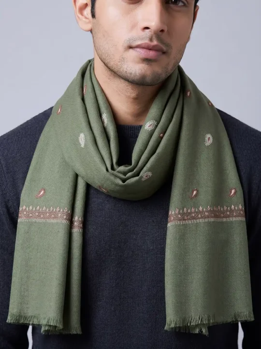 Humayun Greenish Woolen Kashmiri Muffler With White Pink Booti Hand Sozni Embroidery