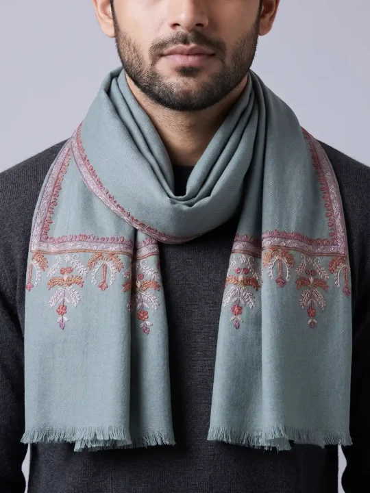 Humayun Grey Woolen Kashmiri Muffler With Hand Sozni Embroidery