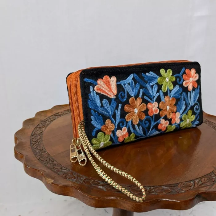 Black Izband Aari Embroidery Zip Wallet
