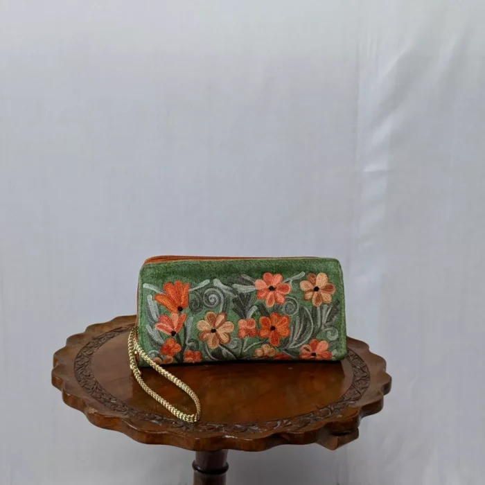 Green Izband Aari Embroidery Zip Wallet