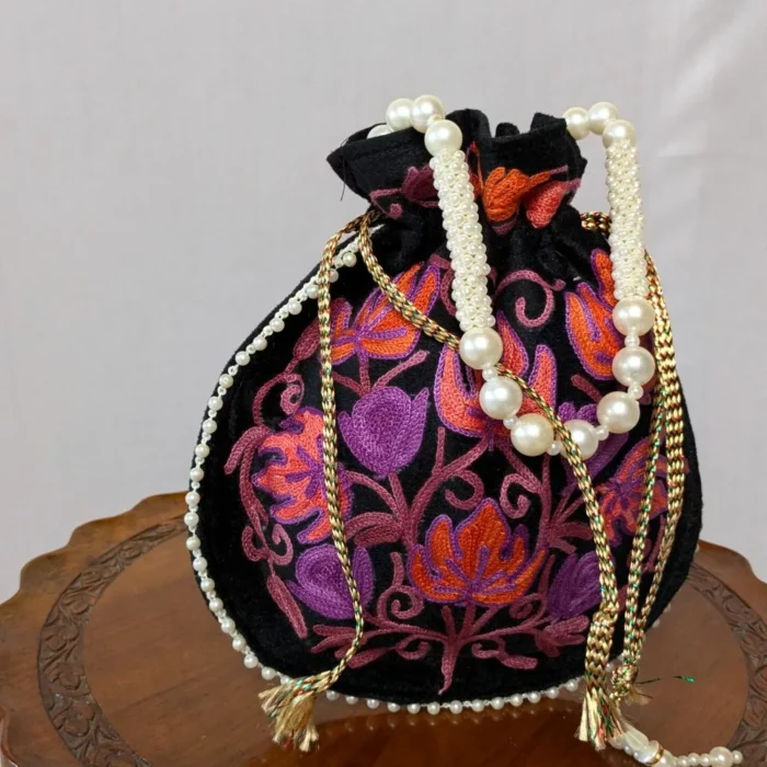 Black Mehnaaz Makhmal Potli Bag from Kashmir With Aari Embroidery