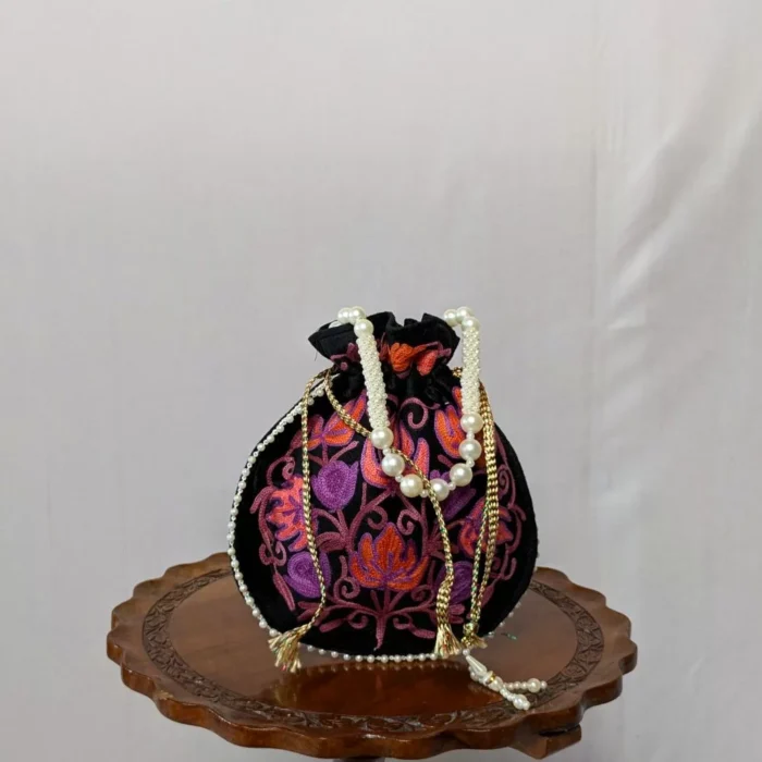 Black Mehnaaz Makhmal Potli Bag from Kashmir With Aari Embroidery - Image 2