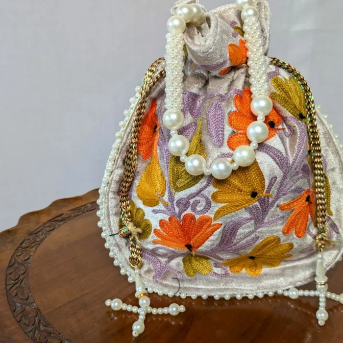 Beige Mehnaaz Makhmal Potli Bag from Kashmir With Aari Embroidery - Image 2