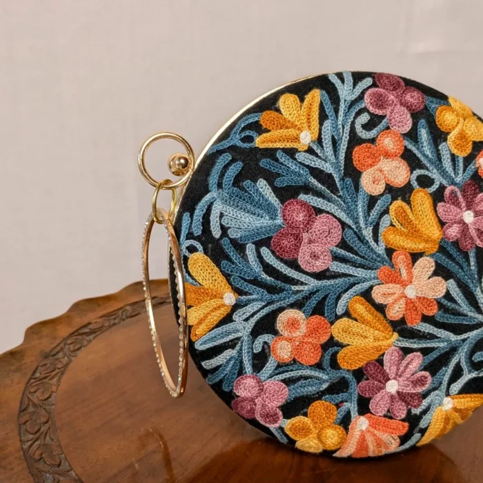Aari Embroidered Bisma Round Bag With Long Chain - Image 3