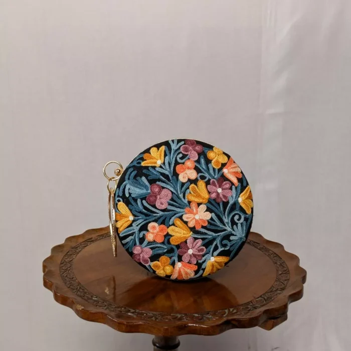 Aari Embroidered Bisma Round Bag With Long Chain