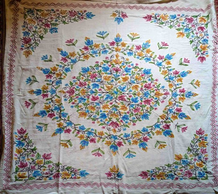 The Tulip Garden Double Bedsheet Mandala with Hand Crewel Embroidery | Bed Cover