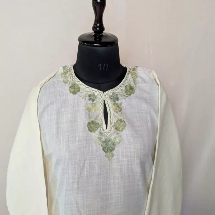 Off White Nadir Cotton Kashmiri Co-ord Set With Heavy Daman Embroidery - Image 3