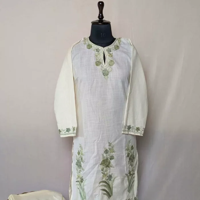 Off White Nadir Cotton Kashmiri Co-ord Set With Heavy Daman Embroidery - Image 2