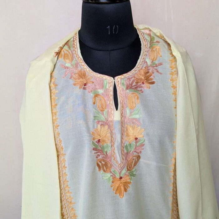 Pastel Yellow Nadir Cotton Aari Kashmiri U Style Co-ord Set (42) - Image 3