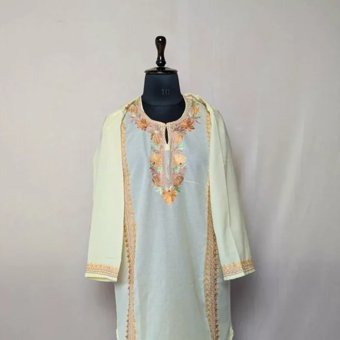 Pastel Yellow Nadir Cotton Aari Kashmiri U Style Co-ord Set (42) - Image 2