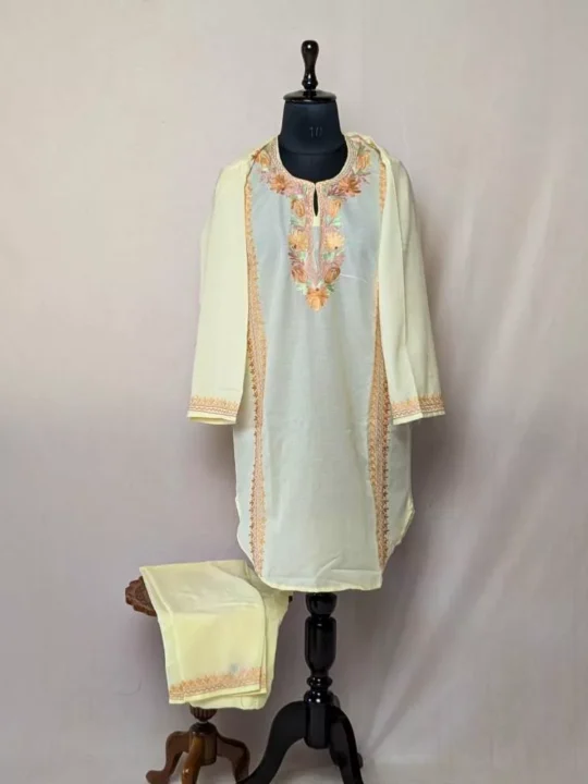 Pastel Yellow Nadir Cotton Aari Kashmiri U Style Co-ord Set (42)