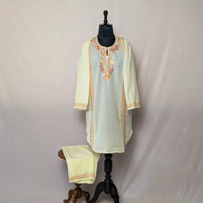 Pastel Yellow Nadir Cotton Aari Kashmiri U Style Co-ord Set (42)