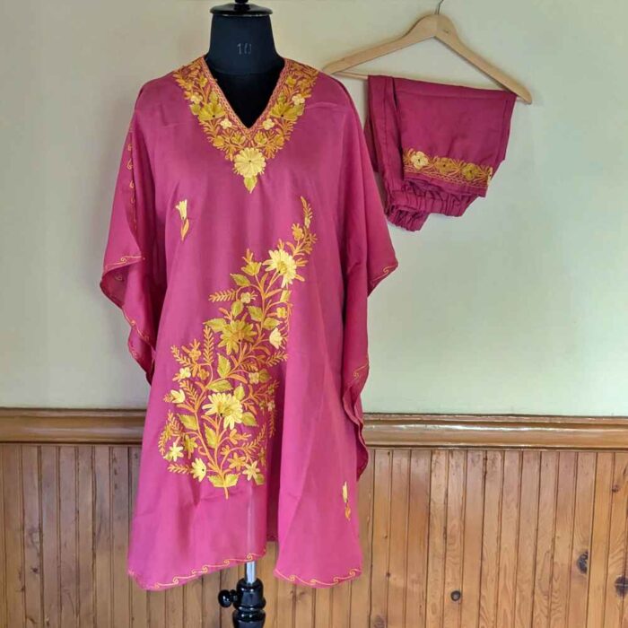 Pink Sarposh Kashmiri Kaftan Set with Aari Embroidery