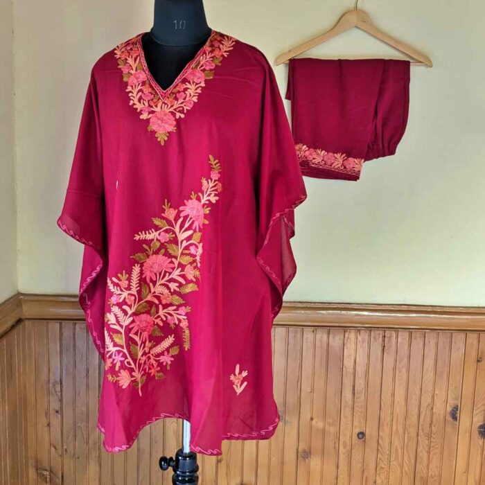 Maroon Sarposh Kashmiri Kaftan Set with Aari Embroidery