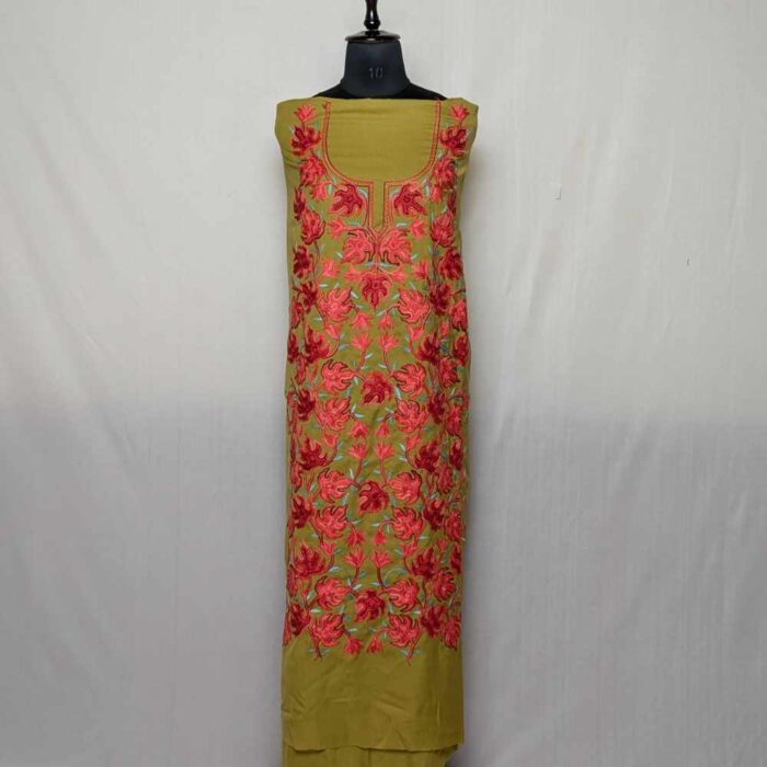 Mehndi Gree Gousiaa 2PC Chinari All over Kashmiri Aari Embroidery Cotton Suit