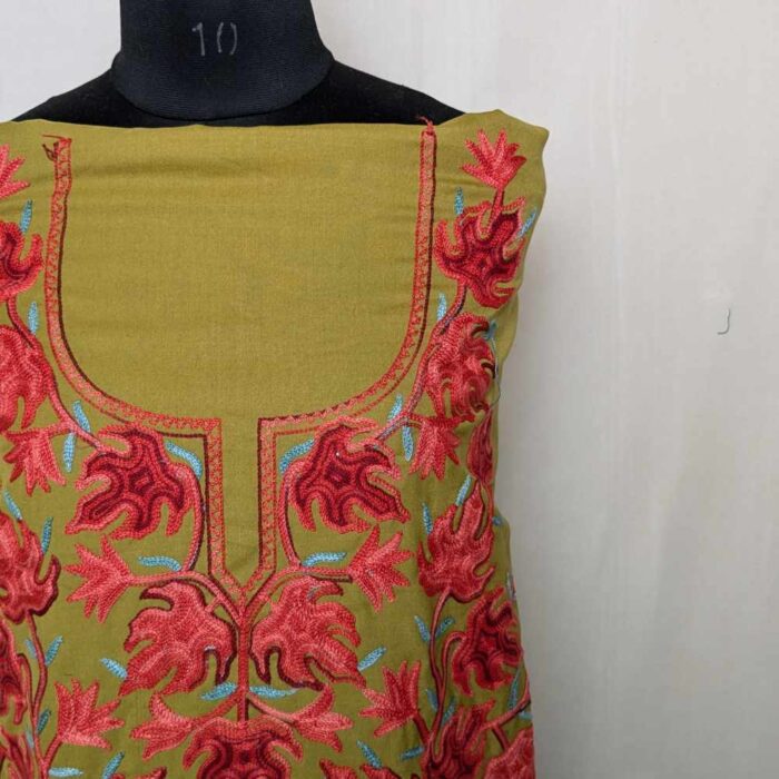 Mehndi Gree Gousiaa 2PC Chinari All over Kashmiri Aari Embroidery Cotton Suit - Image 2