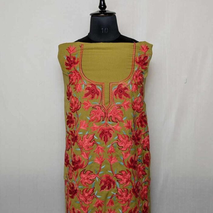 Mehndi Gree Gousiaa 2PC Chinari All over Kashmiri Aari Embroidery Cotton Suit - Image 3