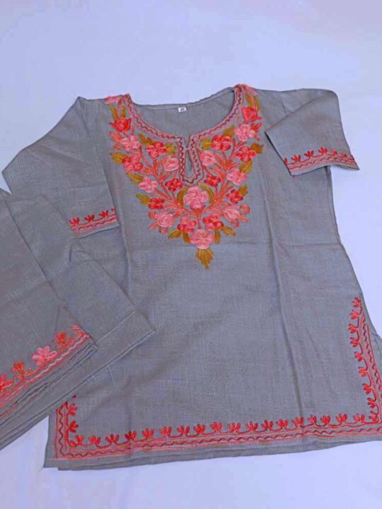 Sara Begum Grey Kashmiri Kids Girls Dress for Summer: Kurta Set With Trousers (2-3 years)