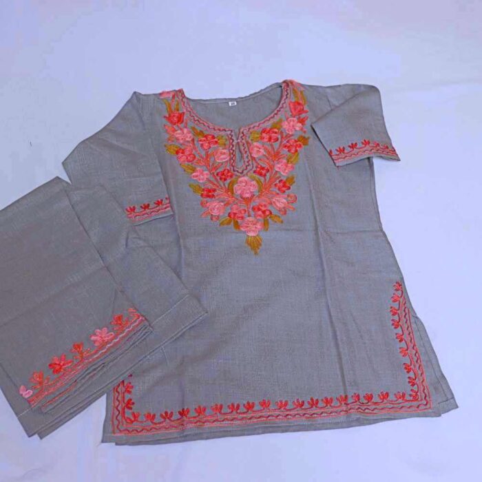 Sara Begum Grey Kashmiri Kids Girls Dress for Summer: Kurta Set With Trousers (2-3 years)