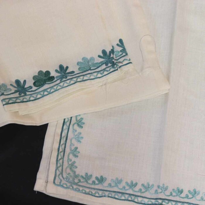 White Mehru Kashmiri Kids Girls Kurta With Trousers with Green Aari Embroidery (6-7Y) - Image 2