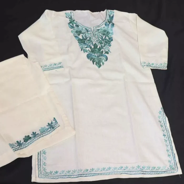 White Mehru Kashmiri Kids Girls Kurta With Trousers with Green Aari Embroidery (6-7Y)