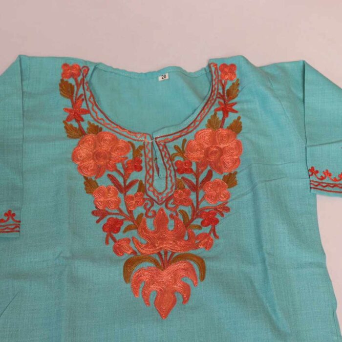 Kashmiri Kids Sara Begum Blue Girls Dress for Summer: Kurti Set With Trousers (2-3 years) - Image 3