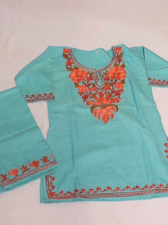Kashmiri Kids Sara Begum Blue Girls Dress for Summer: Kurti Set With Trousers (2-3 years)