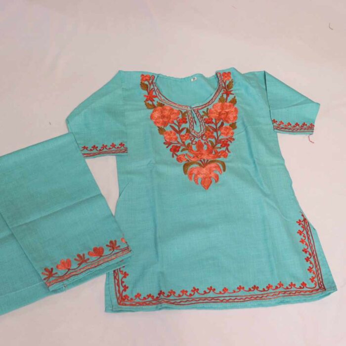 Kashmiri Kids Sara Begum Blue Girls Dress for Summer: Kurti Set With Trousers (2-3 years)