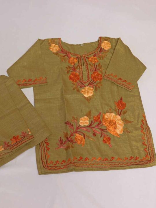 Sara Begum Mehndi Green Kashmiri Kids Girls Dress for Summer: Kurta Set With Trousers (1-2years)