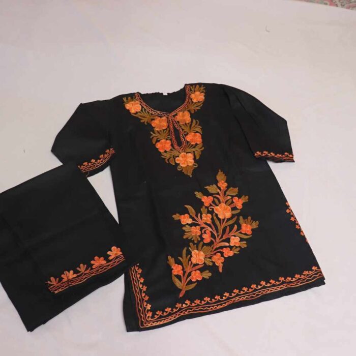 Black Sara Begum Kashmiri Kids Girls Dress for Summer: Kurta Set With Trousers (3-4Y)