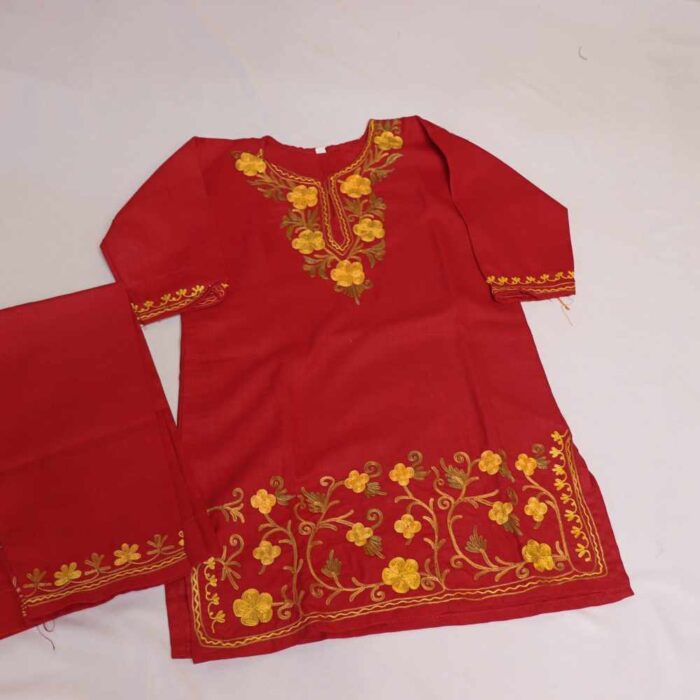 Sara Begum Maroon Kashmiri Kids Girls Dress for Summer: Kurta With Trousers (3-4 Y)