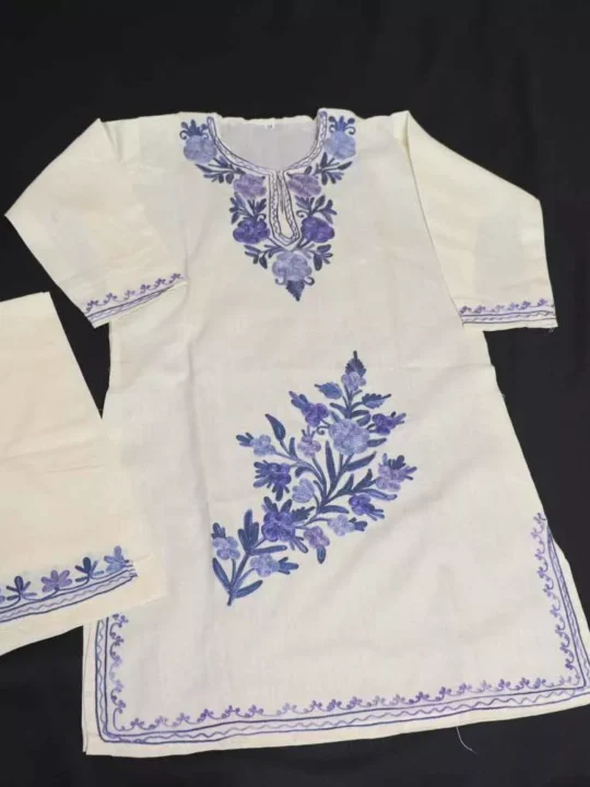 White Maheen Kashmiri Kids Girls Kurti With Trousers with Blue Aari Embroidery (6-7Y)