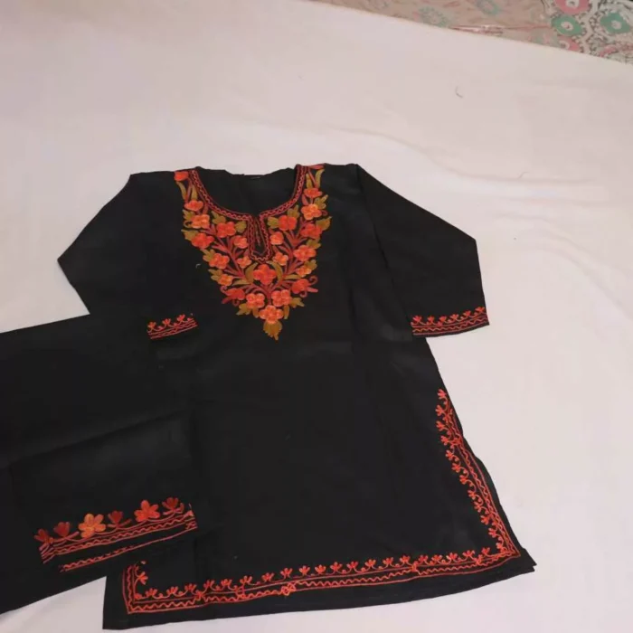 Kashmiri Black Zubin Girls Dress for Summer: Kurta Set With Trousers (4-5Y)