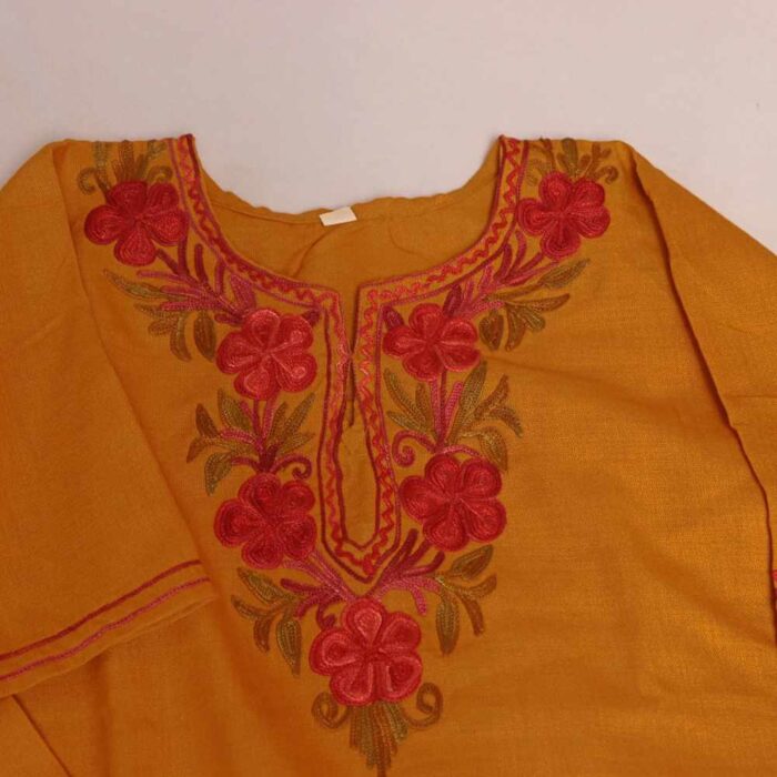 Mustard Yellow maheen Kashmiri Kids Girls Dress for Summer: Kurta Set With Trousers (1-2years) - Image 3