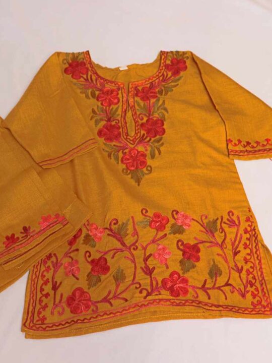 Mustard Yellow maheen Kashmiri Kids Girls Dress for Summer: Kurta Set With Trousers (1-2years)