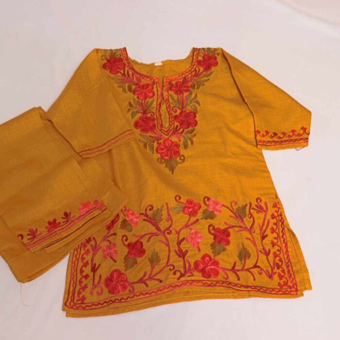 Mustard Yellow maheen Kashmiri Kids Girls Dress for Summer: Kurta Set With Trousers (1-2years)
