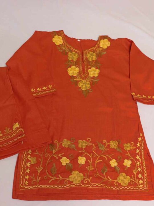 Kashmiri Rust Orange Mehjabeen Girls Dress for Summer: Kurta Set With Trousers (4-5Y)