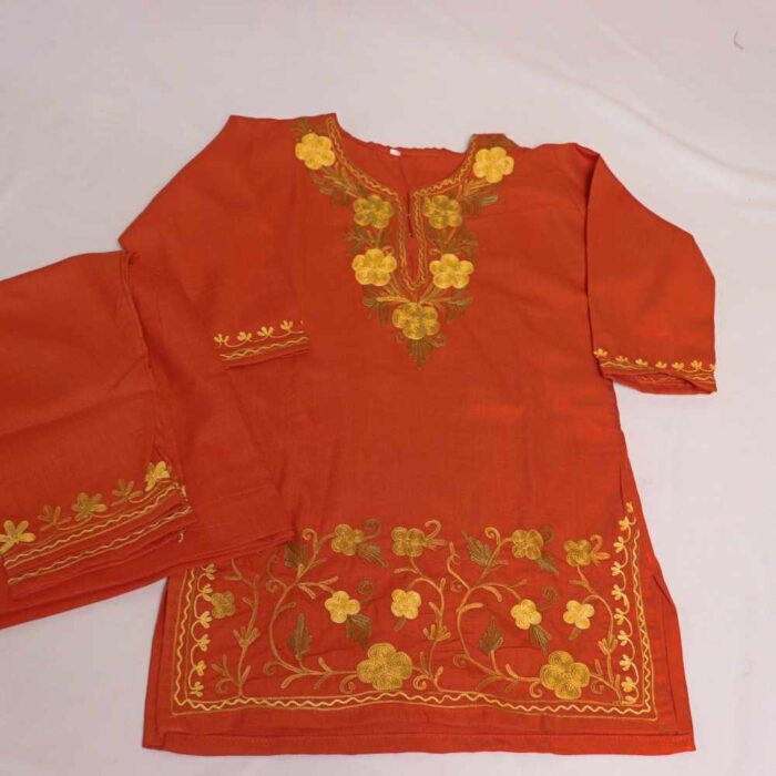 Kashmiri Mehjabeen Rust Orange Girls Dress for Summer: Kurta Set With Trousers (3-4Y)