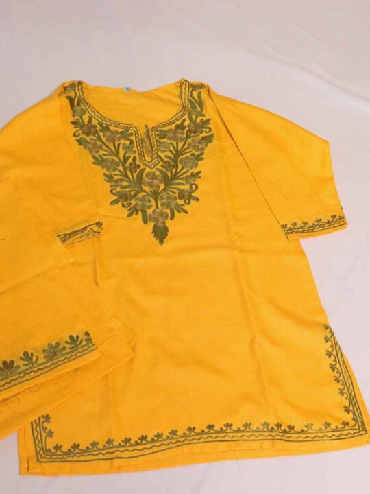 Yellow Mahapara Kashmiri Kids Girls Kurti With Trousers With Aari Embroidery (4-5Y)
