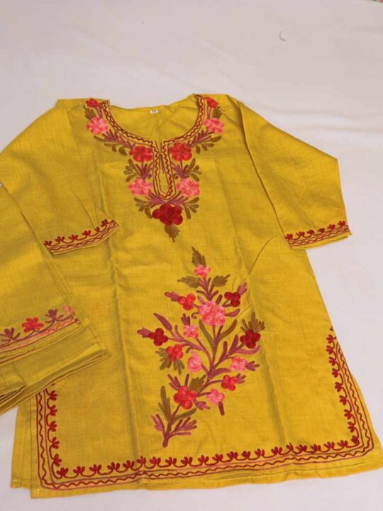 Yellow Mehr Kashmiri Kids Girls Kurti With Trousers With Booti Aari Embroidery (4-5Y)