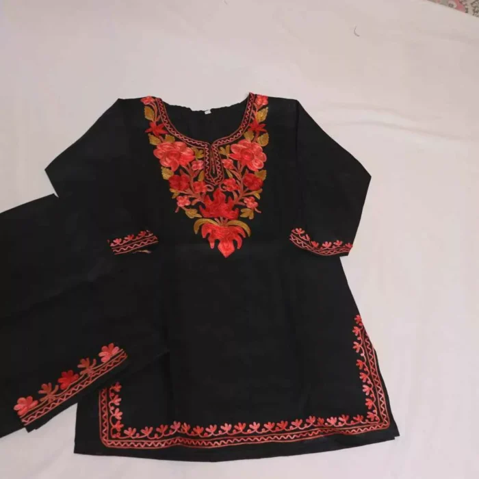 Sizzling Black Mehr Kashmiri Kids Girls Kurta With Trousers with Aari Embroidery (3-4Y)