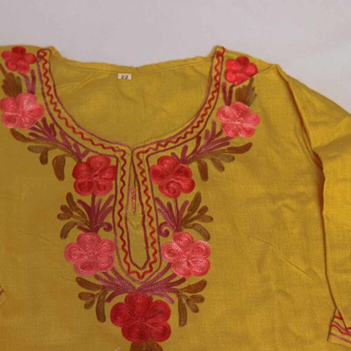 Sizzling Yellow Mehr Kashmiri Kids Girls Kurta With Trousers with Aari Embroidery (3-4Y) - Image 3