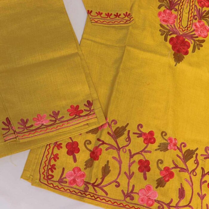 Sizzling Yellow Mehr Kashmiri Kids Girls Kurta With Trousers with Aari Embroidery (3-4Y) - Image 2