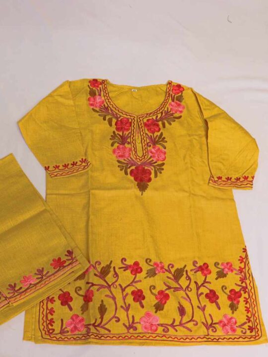 Sizzling Yellow Mehr Kashmiri Kids Girls Kurta With Trousers with Aari Embroidery (3-4Y)