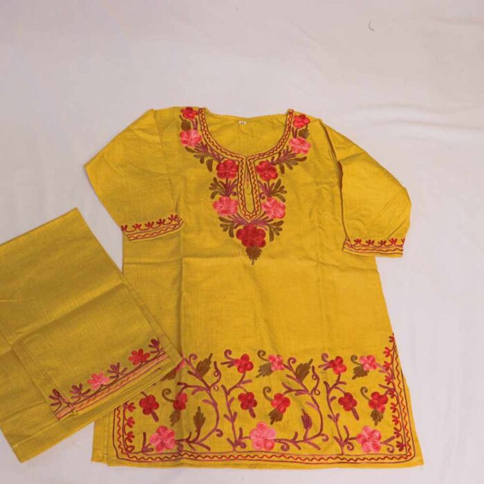 Sizzling Yellow Mehr Kashmiri Kids Girls Kurta With Trousers with Aari Embroidery (3-4Y)