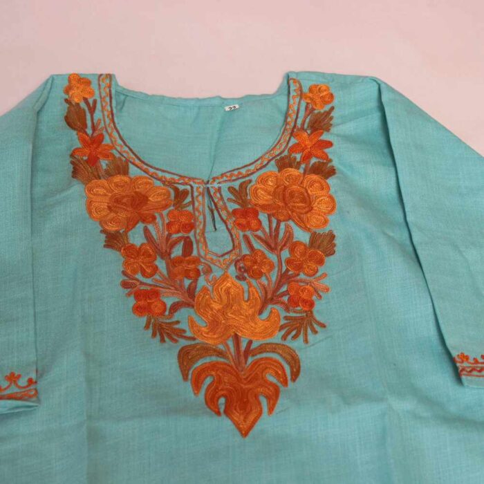 Blue Mehr Kashmiri Kids Girls Kurta With Trousers with Aari Embroidery (3-4Y) - Image 3