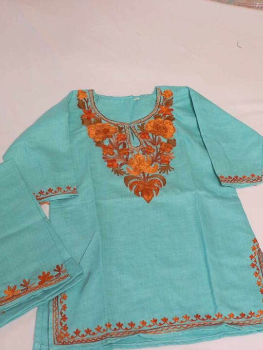 Blue Mehr Kashmiri Kids Girls Kurta With Trousers with Aari Embroidery (3-4Y)