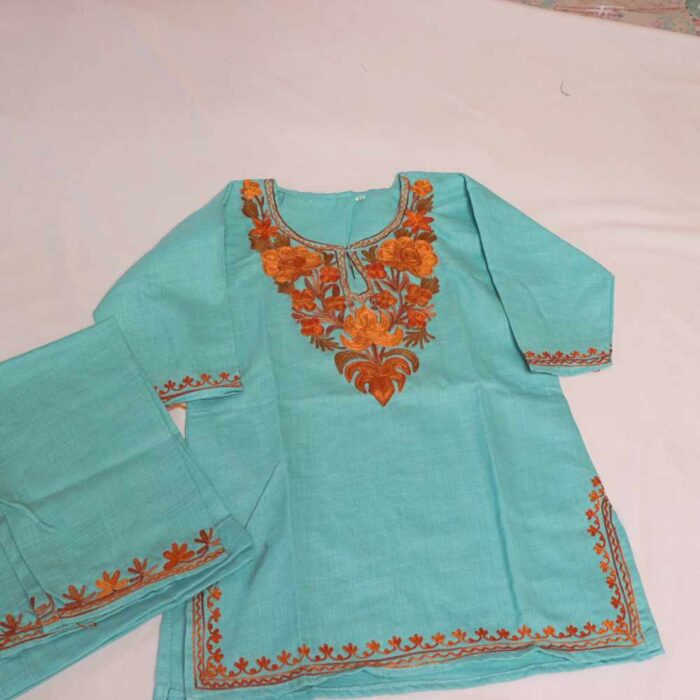 Blue Mehr Kashmiri Kids Girls Kurta With Trousers with Aari Embroidery (3-4Y)